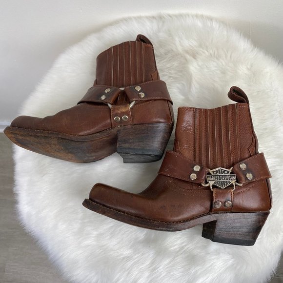 Vintage Harley Davidson Brown Leather Stacked Heel Chelsea Ankle Boot